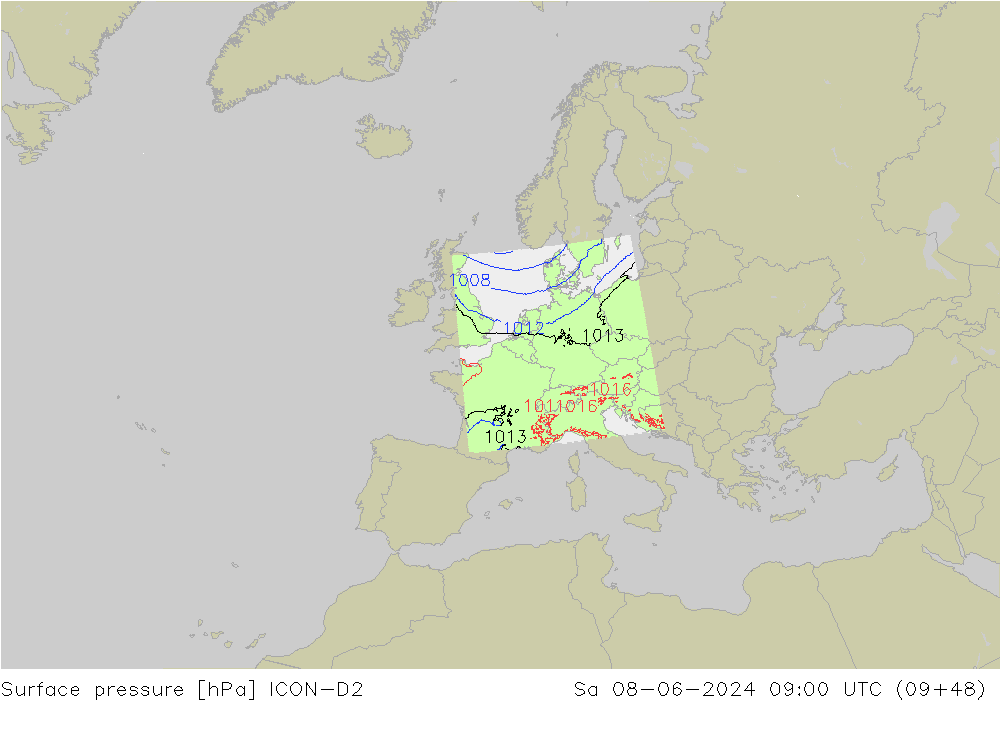 pressão do solo ICON-D2 Sáb 08.06.2024 09 UTC