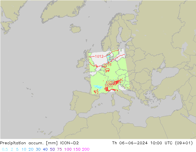 Totale neerslag ICON-D2 do 06.06.2024 10 UTC