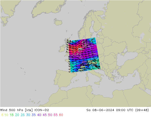 Rüzgar 500 hPa ICON-D2 Cts 08.06.2024 09 UTC