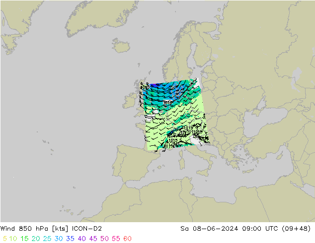 Rüzgar 850 hPa ICON-D2 Cts 08.06.2024 09 UTC