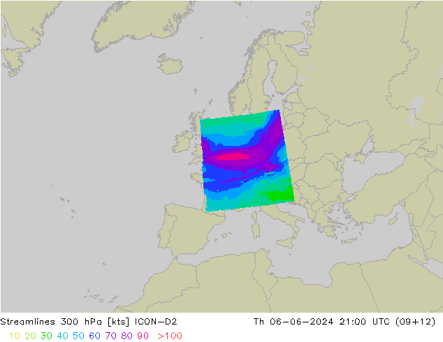 Streamlines 300 hPa ICON-D2 Th 06.06.2024 21 UTC