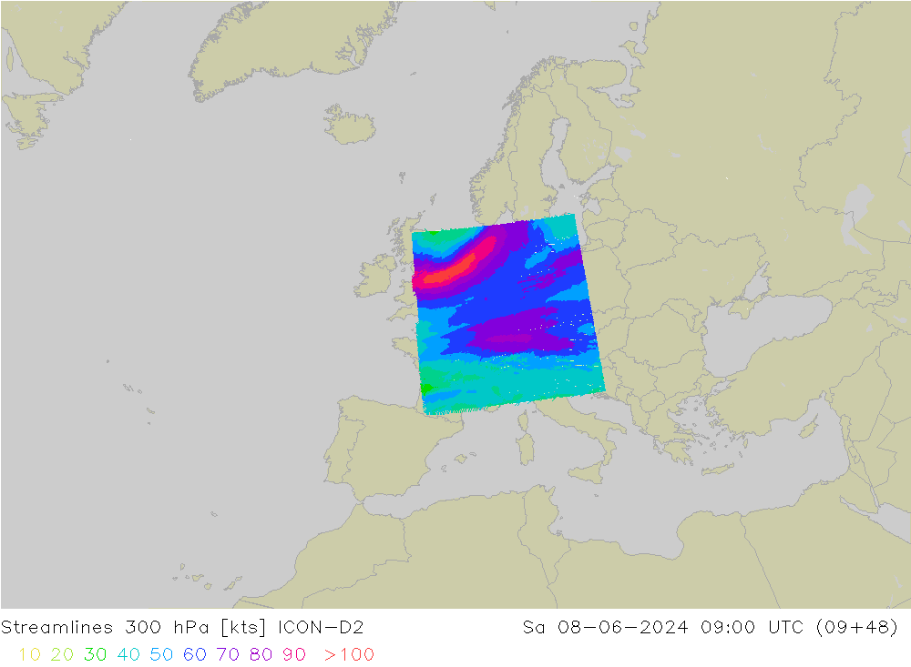 Linia prądu 300 hPa ICON-D2 so. 08.06.2024 09 UTC