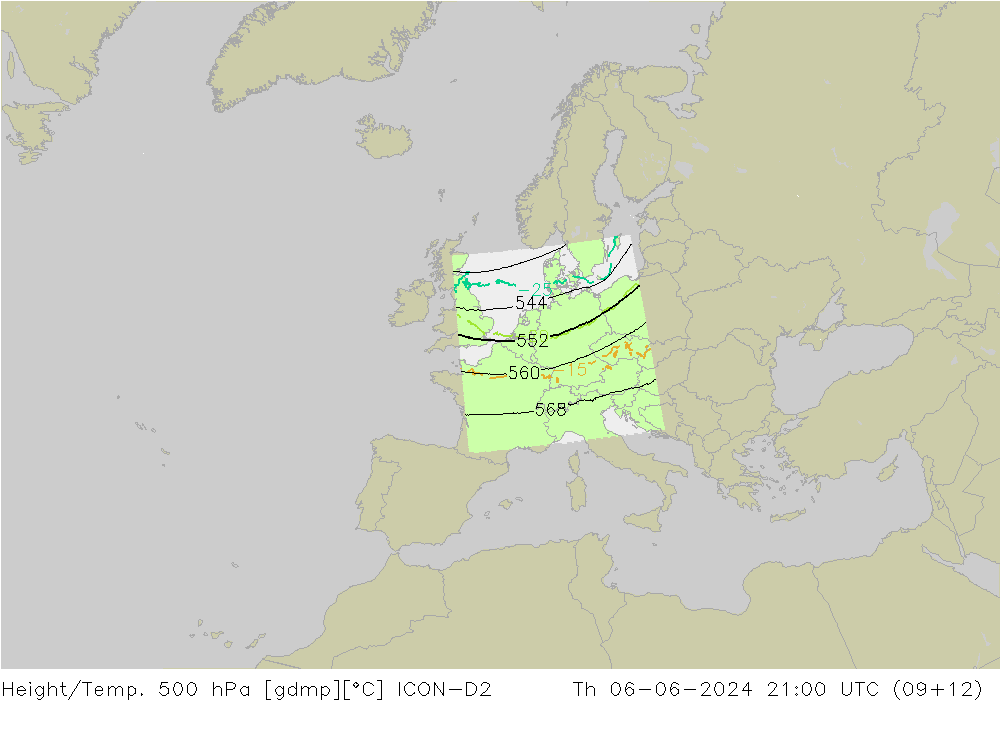 Height/Temp. 500 hPa ICON-D2 czw. 06.06.2024 21 UTC