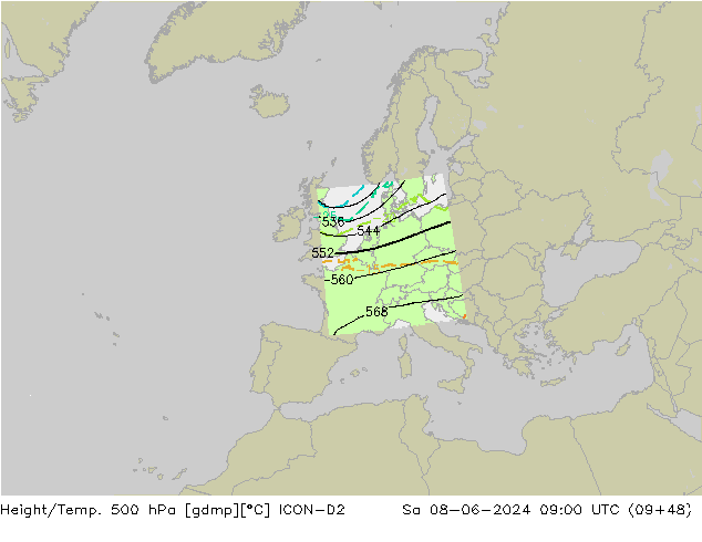 Height/Temp. 500 hPa ICON-D2 Sa 08.06.2024 09 UTC