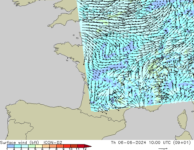 Surface wind (bft) ICON-D2 Th 06.06.2024 10 UTC