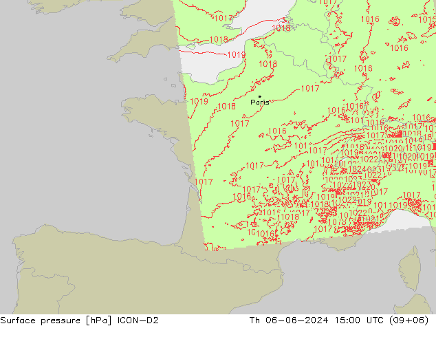 Pressione al suolo ICON-D2 gio 06.06.2024 15 UTC