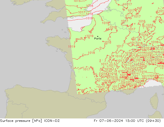 Surface pressure ICON-D2 Fr 07.06.2024 15 UTC