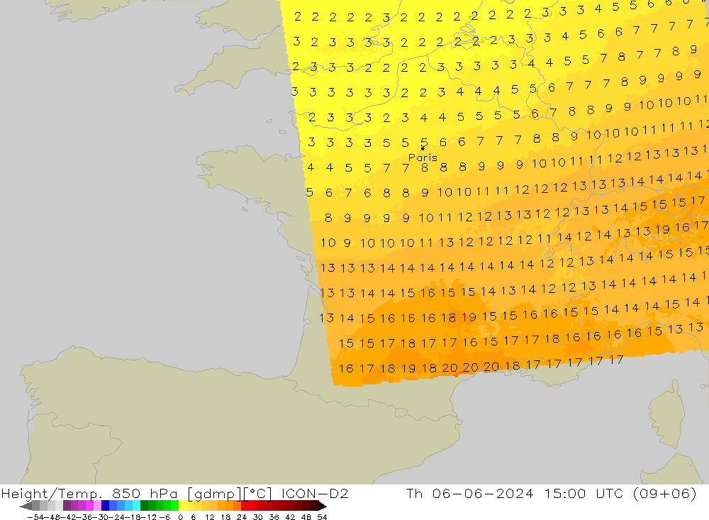 Height/Temp. 850 hPa ICON-D2 czw. 06.06.2024 15 UTC