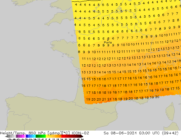 Height/Temp. 850 hPa ICON-D2 sab 08.06.2024 03 UTC