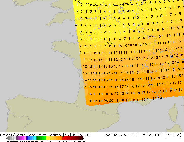 Height/Temp. 850 hPa ICON-D2 Sa 08.06.2024 09 UTC