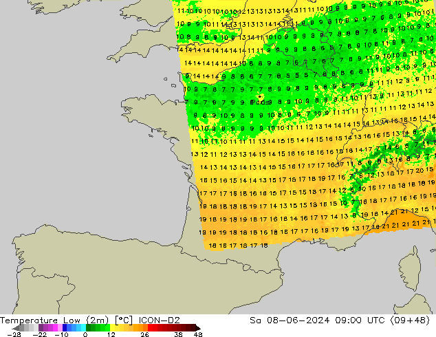 Min.temperatuur (2m) ICON-D2 za 08.06.2024 09 UTC