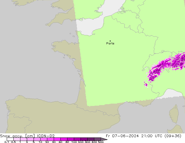 Snow accu. ICON-D2 Fr 07.06.2024 21 UTC