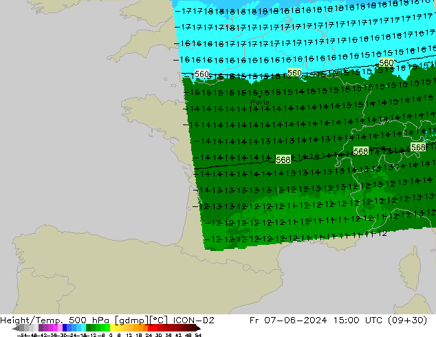 Hoogte/Temp. 500 hPa ICON-D2 vr 07.06.2024 15 UTC