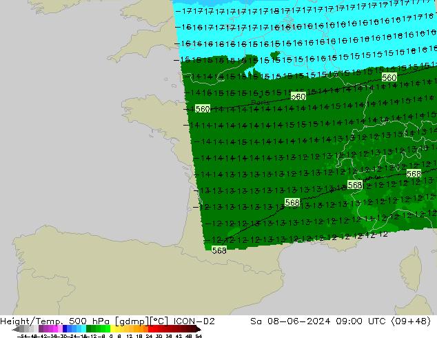 Height/Temp. 500 гПа ICON-D2 сб 08.06.2024 09 UTC