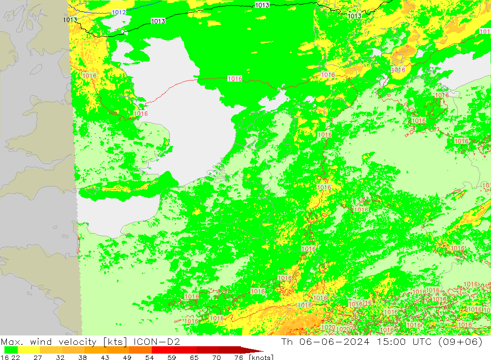 Max. wind velocity ICON-D2 Th 06.06.2024 15 UTC