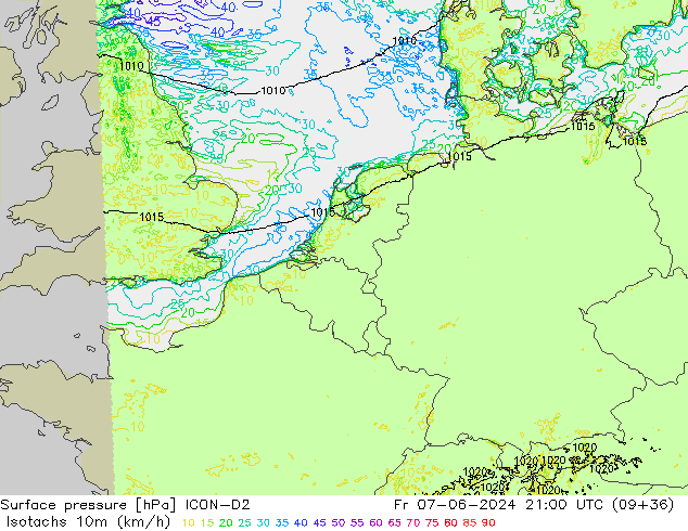 Isotachs (kph) ICON-D2 Sex 07.06.2024 21 UTC