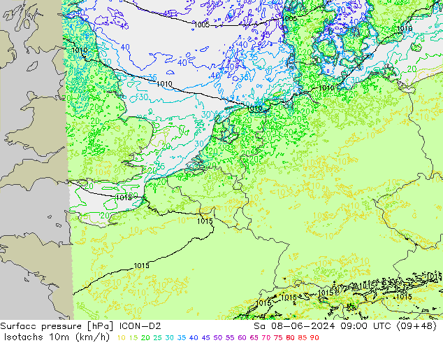 Isotachs (kph) ICON-D2 sab 08.06.2024 09 UTC