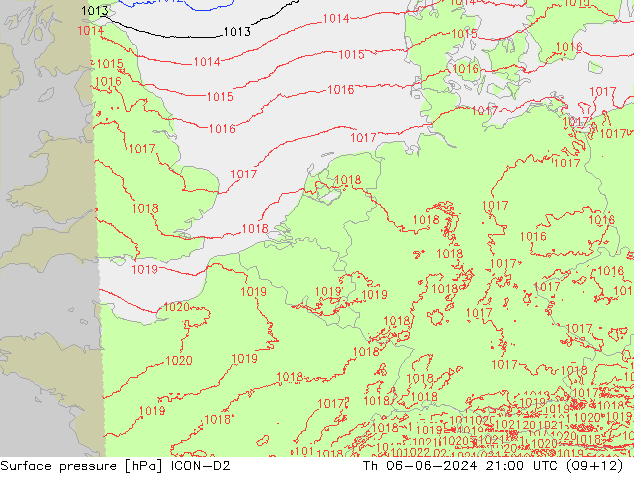 Surface pressure ICON-D2 Th 06.06.2024 21 UTC