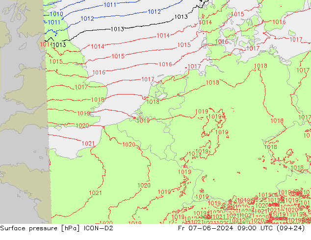 Surface pressure ICON-D2 Fr 07.06.2024 09 UTC