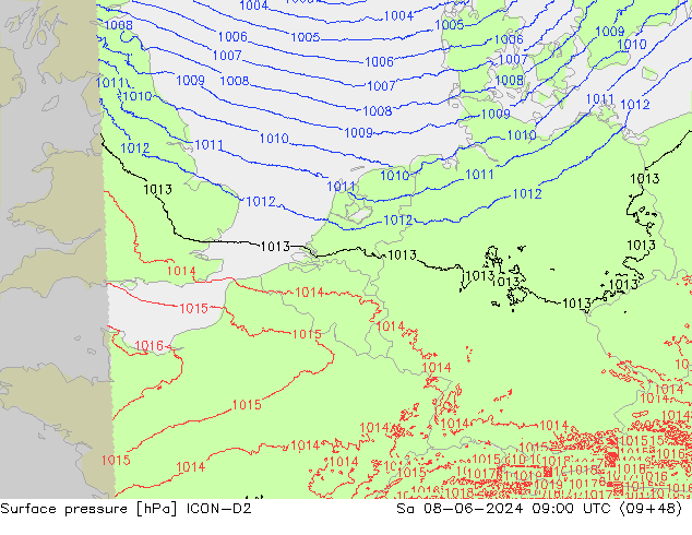 Surface pressure ICON-D2 Sa 08.06.2024 09 UTC