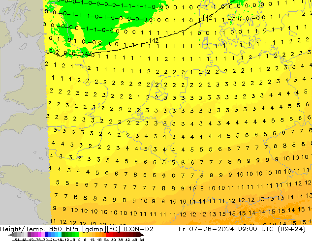 Hoogte/Temp. 850 hPa ICON-D2 vr 07.06.2024 09 UTC