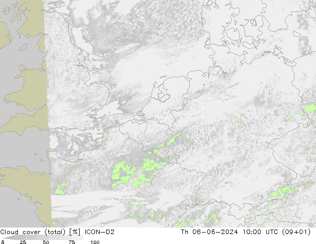 Cloud cover (total) ICON-D2 Th 06.06.2024 10 UTC