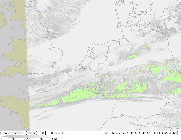 Wolken (gesamt) ICON-D2 Sa 08.06.2024 09 UTC