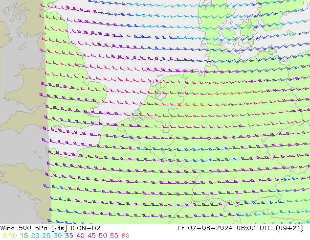 Vento 500 hPa ICON-D2 Sex 07.06.2024 06 UTC