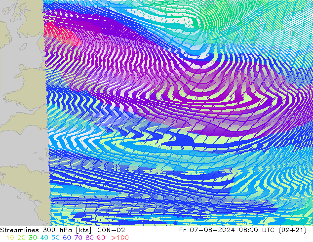 Linha de corrente 300 hPa ICON-D2 Sex 07.06.2024 06 UTC