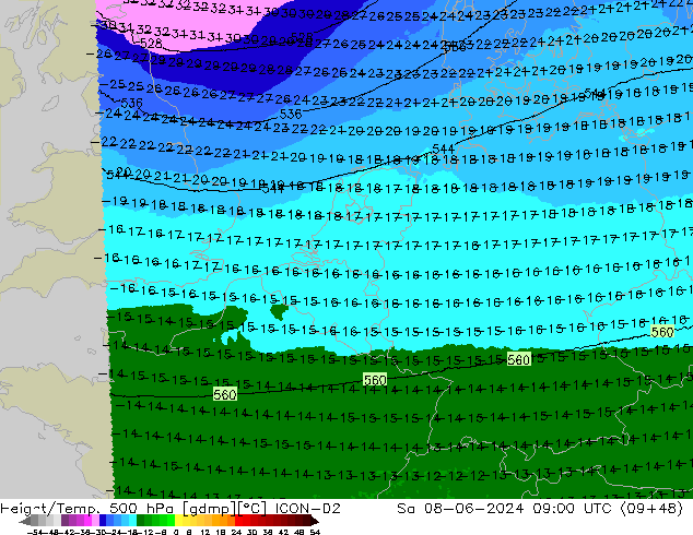 Height/Temp. 500 hPa ICON-D2  08.06.2024 09 UTC