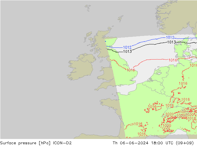 Atmosférický tlak ICON-D2 Čt 06.06.2024 18 UTC