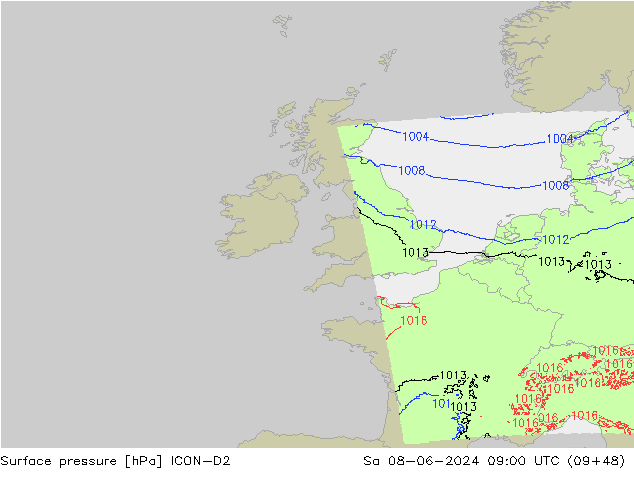 Luchtdruk (Grond) ICON-D2 za 08.06.2024 09 UTC
