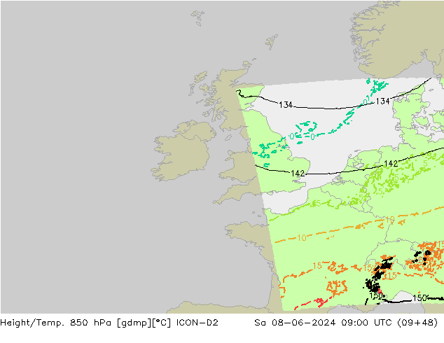 Height/Temp. 850 hPa ICON-D2 so. 08.06.2024 09 UTC