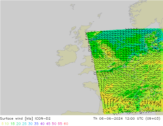 wiatr 10 m ICON-D2 czw. 06.06.2024 12 UTC