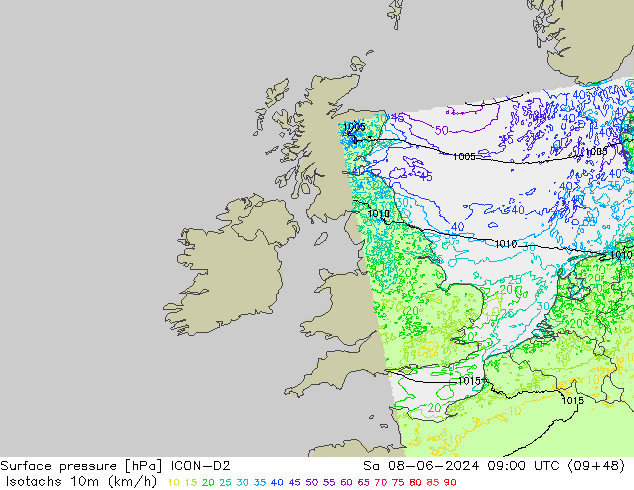 Isotachs (kph) ICON-D2 So 08.06.2024 09 UTC