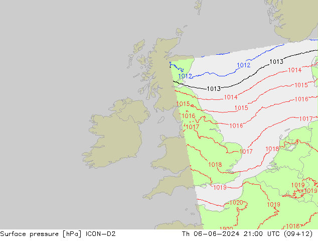 Surface pressure ICON-D2 Th 06.06.2024 21 UTC