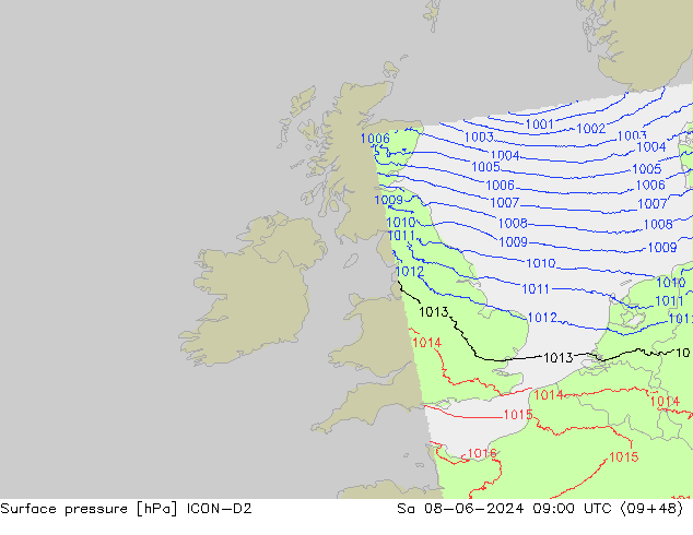 Surface pressure ICON-D2 Sa 08.06.2024 09 UTC