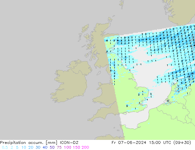 Precipitation accum. ICON-D2 Fr 07.06.2024 15 UTC