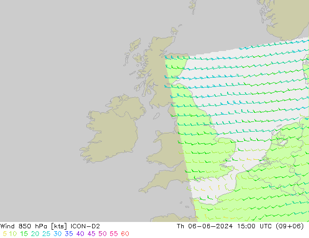 Wind 850 hPa ICON-D2 Čt 06.06.2024 15 UTC