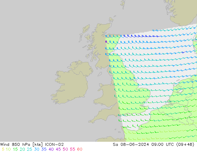 Wind 850 hPa ICON-D2 So 08.06.2024 09 UTC