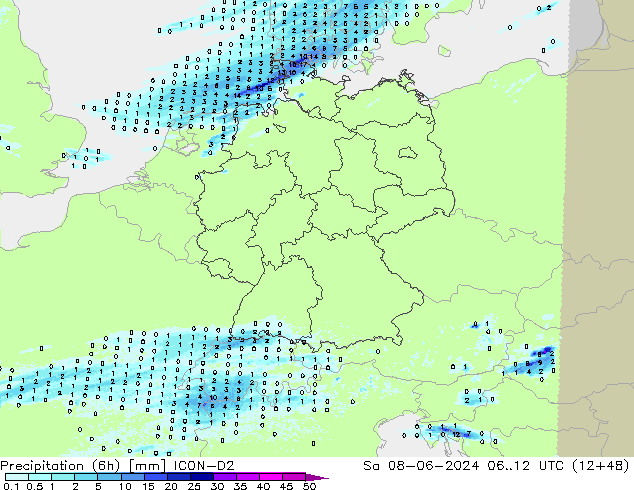 Precipitation (6h) ICON-D2 So 08.06.2024 12 UTC