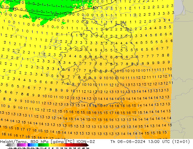 Geop./Temp. 850 hPa ICON-D2 jue 06.06.2024 13 UTC