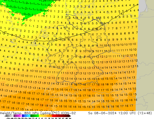 Height/Temp. 850 hPa ICON-D2 Sáb 08.06.2024 12 UTC