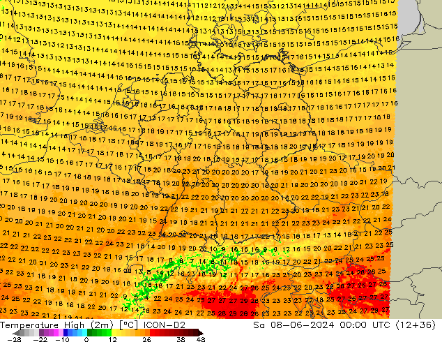 Temperatura máx. (2m) ICON-D2 sáb 08.06.2024 00 UTC