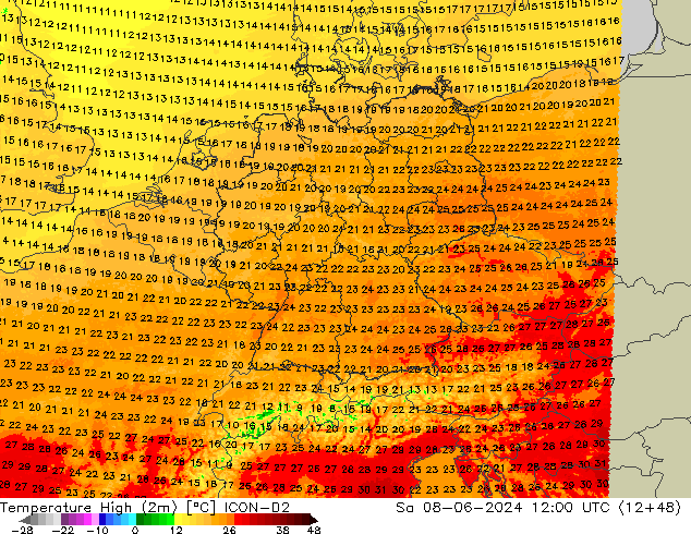 Max.temperatuur (2m) ICON-D2 za 08.06.2024 12 UTC