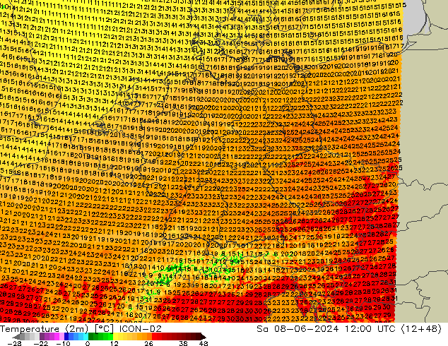 Temperatura (2m) ICON-D2 Sáb 08.06.2024 12 UTC