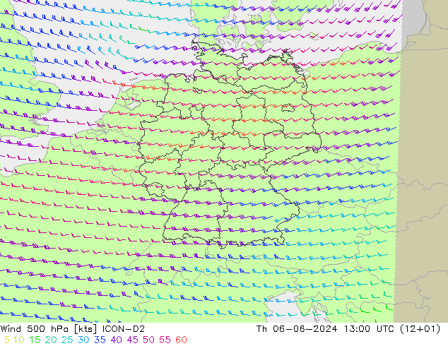 风 500 hPa ICON-D2 星期四 06.06.2024 13 UTC