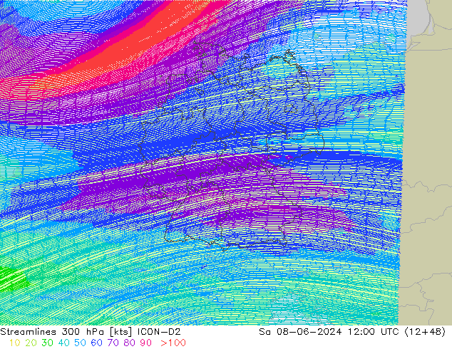 ветер 300 гПа ICON-D2 сб 08.06.2024 12 UTC