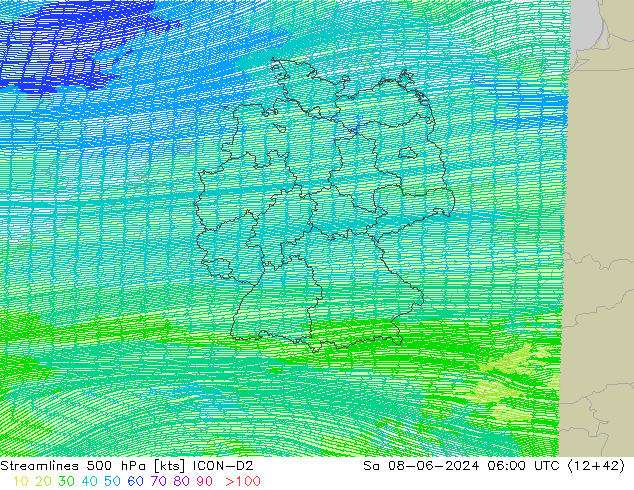 Streamlines 500 hPa ICON-D2 Sa 08.06.2024 06 UTC