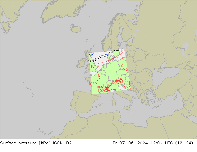 Pressione al suolo ICON-D2 ven 07.06.2024 12 UTC